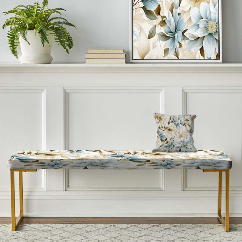 White Mandalas Chrysanthemum Boho Pattern IV - Floral Upholstered Gold Bench