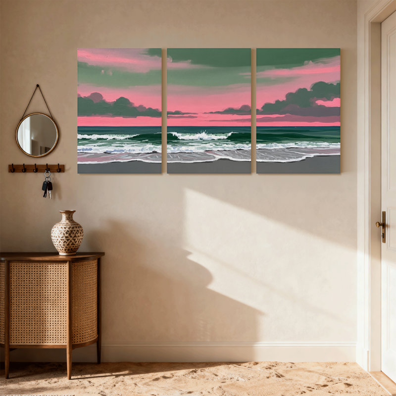 Nautique et plage, vagues océaniques, coucher de soleil, ciel, plage, horizon, couleurs, ensemble de 3 impressions sur toile