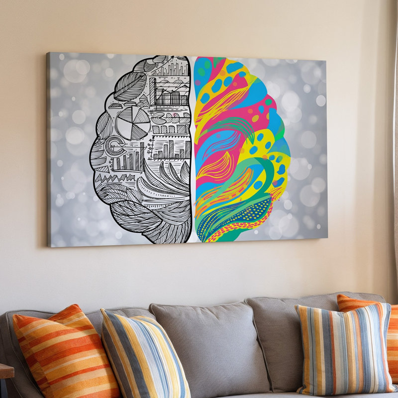 Toile d'une illustration visuellement saisissante représentant un cerveau stylisé divisé en deux artères murales sur un côté, rendues sur une toile murale complexe