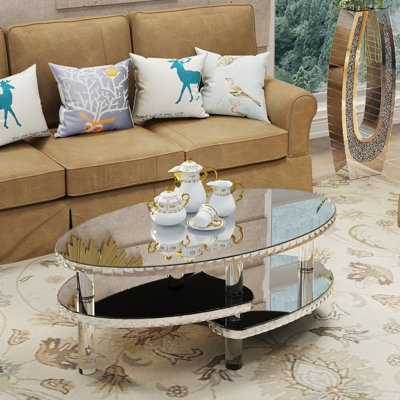 Modern Glam 43.3" Oval Mirrored 2-Tier Coffee Table with Acrylic Legs & Crystal Trim