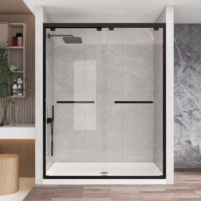 Porte de douche encadrée à double porte 61 po x 66 po x H 76 po noir mat avec deux porte-serviettes, revêtement facile à nettoyer, film antidéflagrant