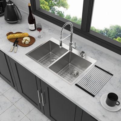 Double Bowl (50/50) Drop In Sink, Stainless Steel Kitchen Sink 16 Gauge With Two Deep Basin