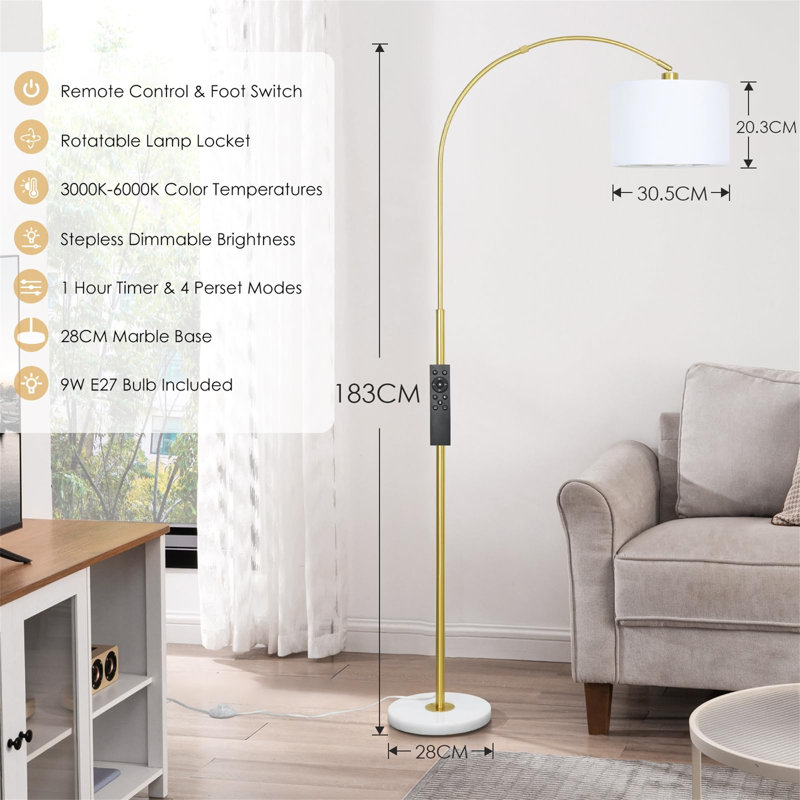 183cm Arched Floor Lamp, Gold/White