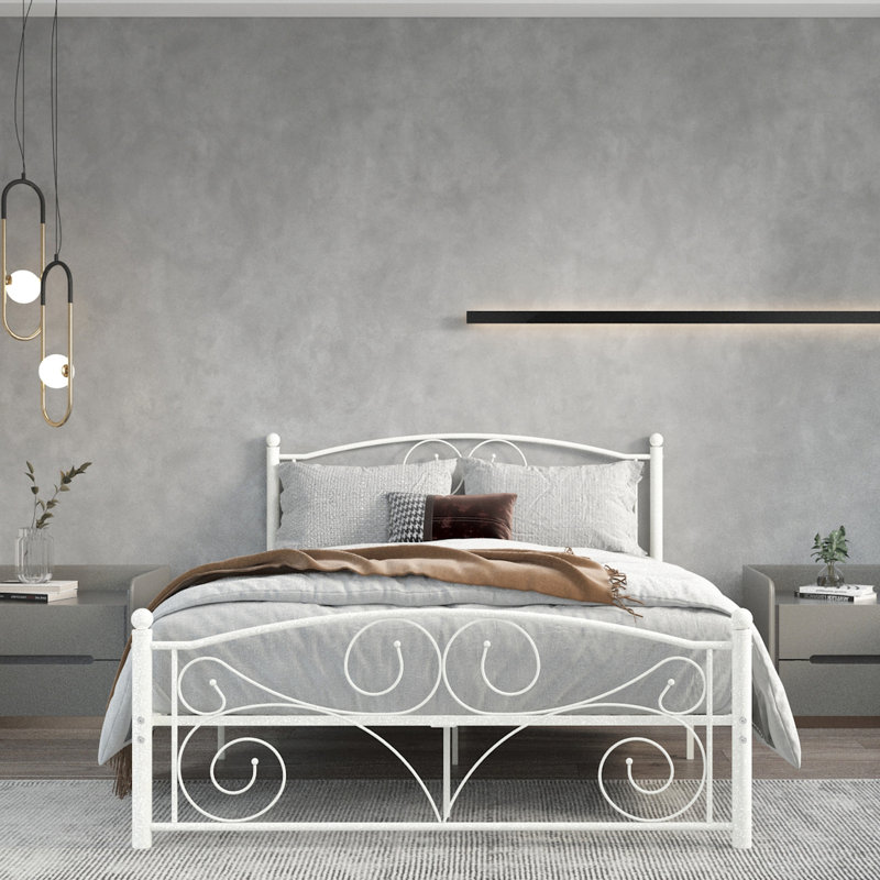 Full Size Bed Frame In White Metal, Unique Flower System, Fits 8 - Inch Mattress, No Box Spring Required Metal Frame, Noise , Easy To Put Together