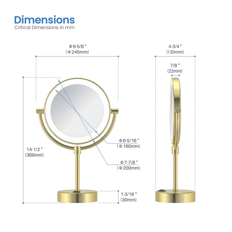 Circular LED Free Standing Magnifying Make Up Mirror, Brushed Gold