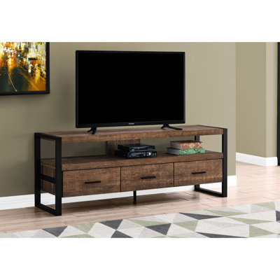 Meuble télé 60 po, meuble multimédia en stratifié brun et métal noir avec rangement, console contemporaine pour le salon de la chambre à coucher