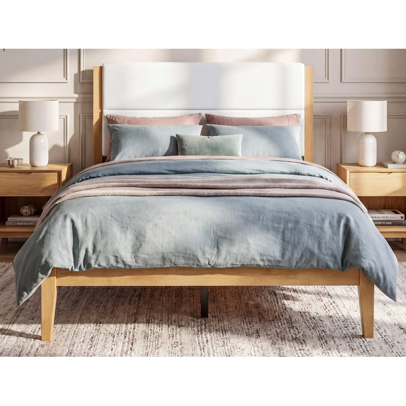 Structure de lit plateforme Mid-Century moderne avec tête de lit tapissier, support de lattes en bois massif, aucun sommier requis, assemblage facile, grand lit
