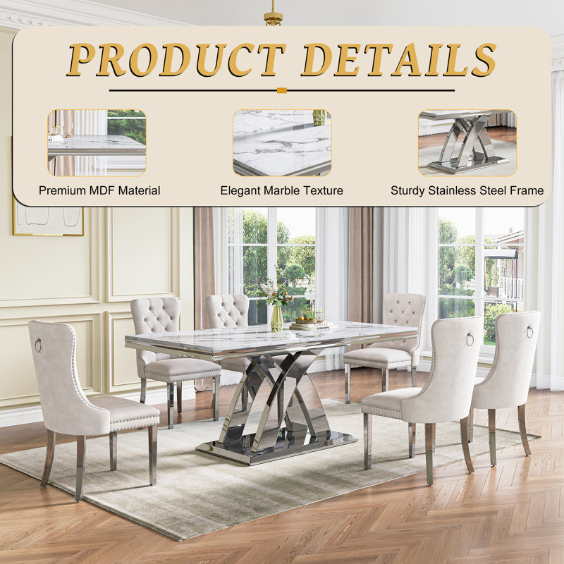 70.08" Modern Faux Marble Dining Table Set With Double X Base, 7 Pieces: Table, 6 Chairs, White/Silver, Silver