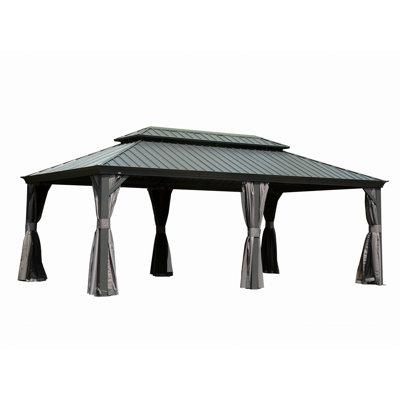 Auvent d'extérieur en métal 14 po x 20 pi avec toit double en acier galvanisé, structure en aluminium, rideaux et filet pour patio, terrasse, jardin