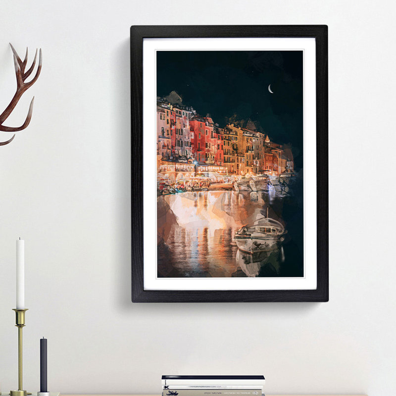 Boat in an Italian Port in Abstract - Picture Frame Painting Print, 36cm H x 27cm W x 2cm D, Black Framed