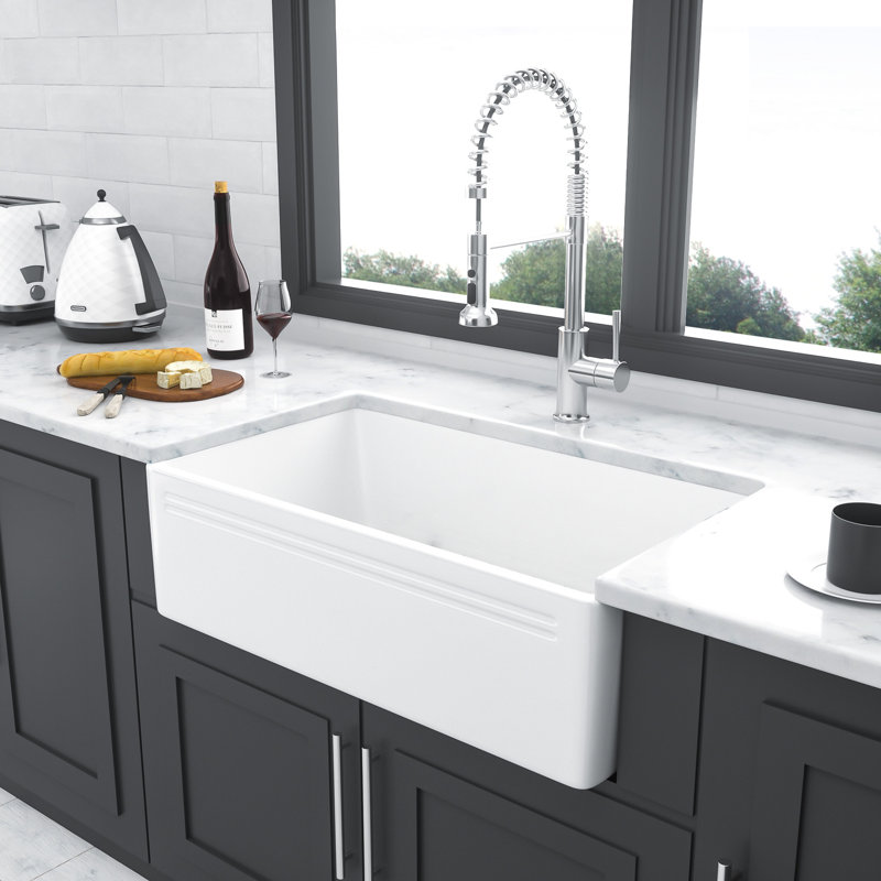 White Ceramic 30 Inch Reversible Apron - Front Single Bowl Kitchen Sink, Build, 304 Stainless Steel Dish Grid And Basket Strainer, Stain Appearance