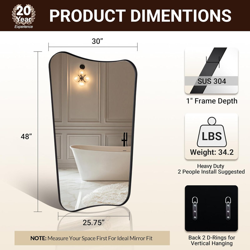 Miroir de salle de bain Contemporary Cadre en acier inoxydable, Noir mat, 48 po x 30 po