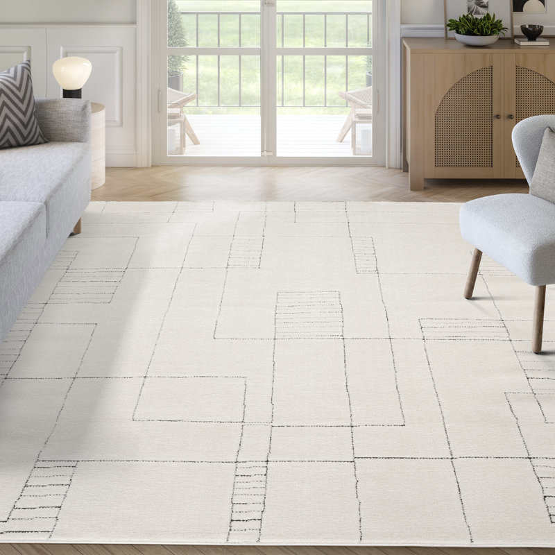 Abani Orith OLV100A Modern Ivory Black Geometric Linework Minimalist Area Rug, Rectangle 4' x 6'