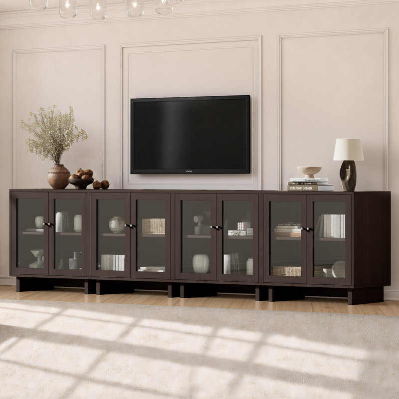 Buffet à portes vitrées de 80 cm de large avec tablette réglable et fini grain de bois (ensemble de 4), noyer brun