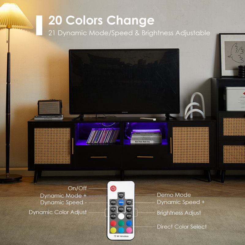 Black Wood and Rattan TV Stand with RGB Lights