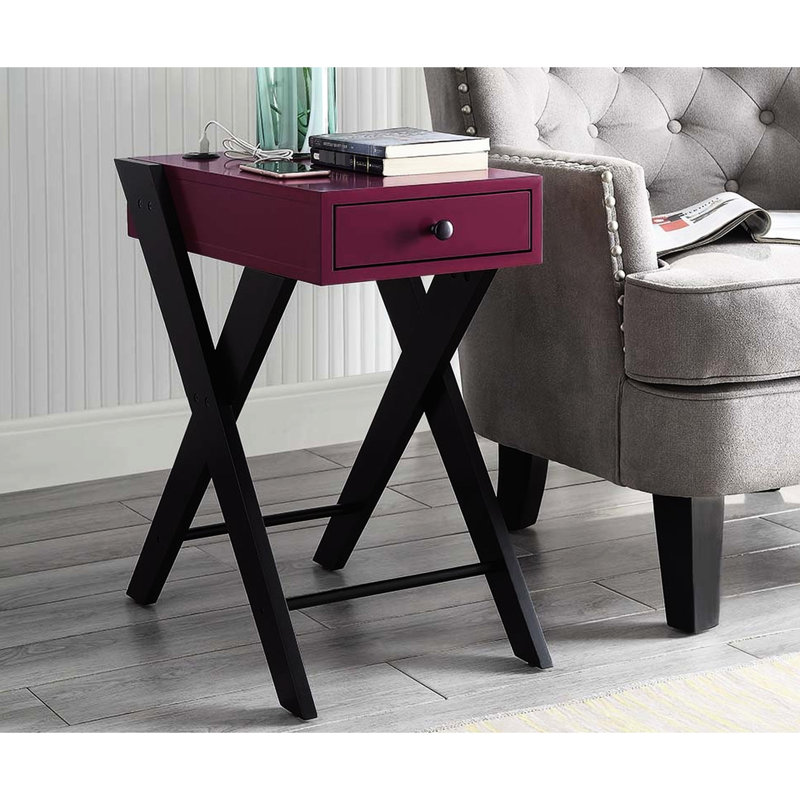 Table d'appoint avec port, magnifique plateau bourgogne, pieds noirs en forme de X, 24,52 po Hauteur, poids 19,73 lb intégré, pieds élégants, poids, largeur 13,24 po