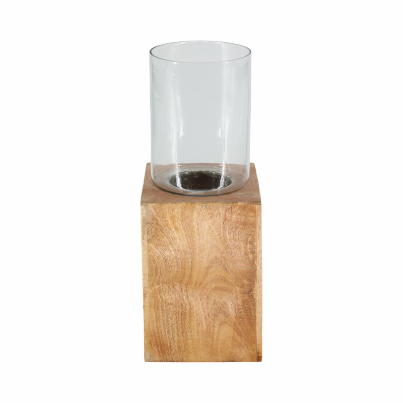 Natural Wood Solid Color Square Base Pillar Hurricane Candleholders, 15" H x 6" W x 6" D