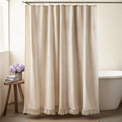 Rideau de douche en lin avec pompons Boho, 1 panneau (beige)