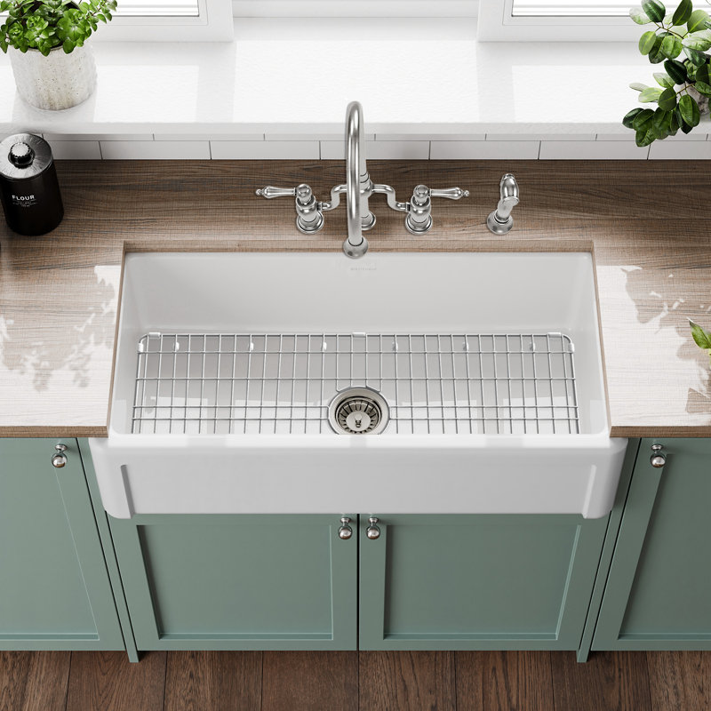 Whitehaus Collection Reversible Fireclay Kitchen Sink with Grid: Three Edge Frame, Plain Front Apron, 10" H x 36" L x 18" W
