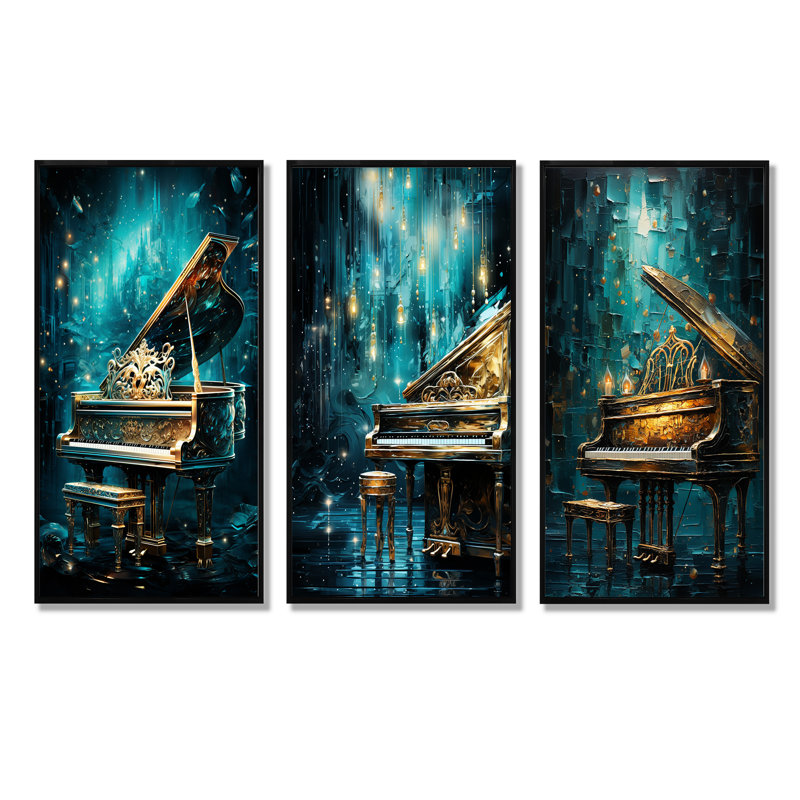 Ensemble de 3 décorations murales Blue Piano, Cadre flottant noir, H 32 po x l 48 po