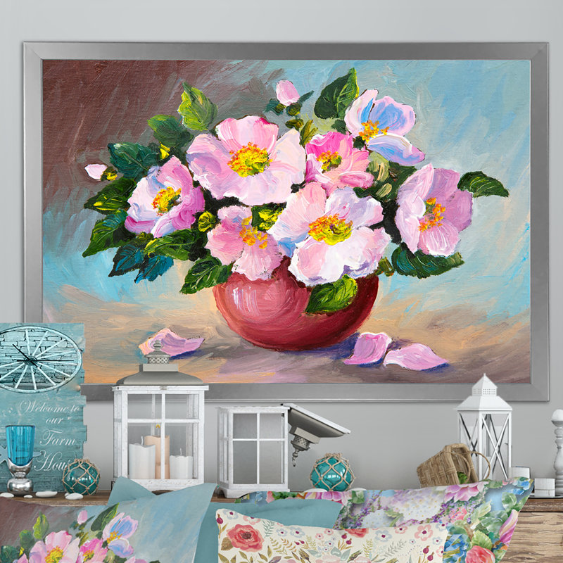 «Still Life Spring Pink Flowers In Vase», reproduction sur toile avec cadre flottant, H 8 po x l 12 po x P 1 po