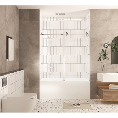 Porte de douche de 60 po de hauteur, 56 po de largeur, verre trempé transparent de 6 mm, enveloppe anti-éclatement, saisie ergonomique en acier inoxydable, grandes roulettes en nickel brossé pour faciliter le déplacement du couvercle,