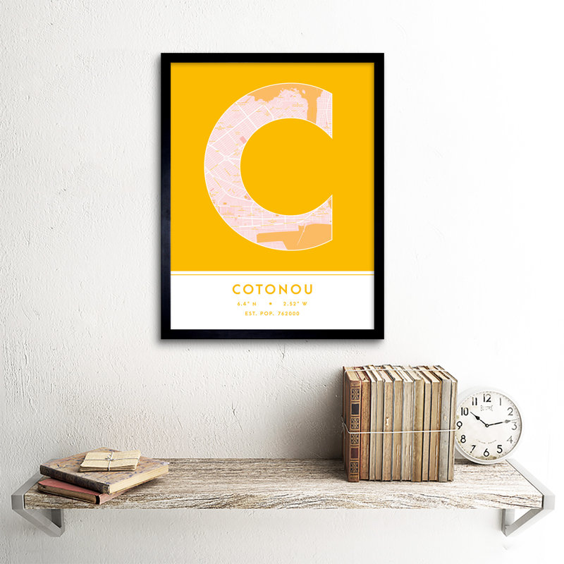 Cotonou City Map Cotonou Yellow by Wee Blue Coo - Single Picture Frame Typography