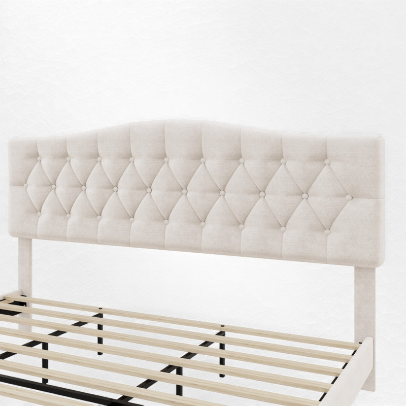 Beige Upholstered Platform Bed Frame – Button-Tufted Headboard, Slat Support, King