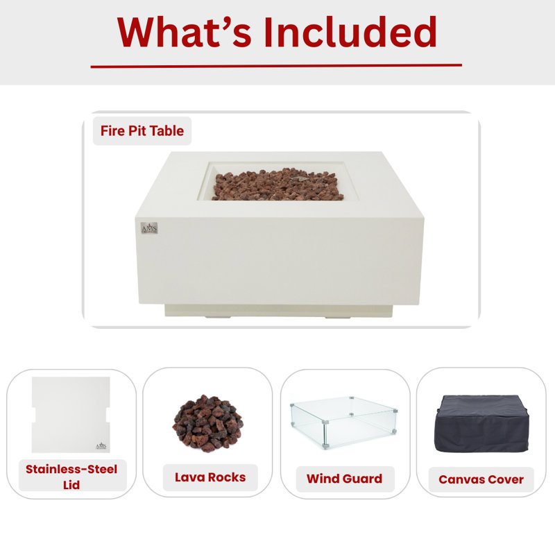Brooklyn 40" Concrete Natural Gas Fire Pit Table Bundle Includes Wind Guard And Burner Lid, Cream White