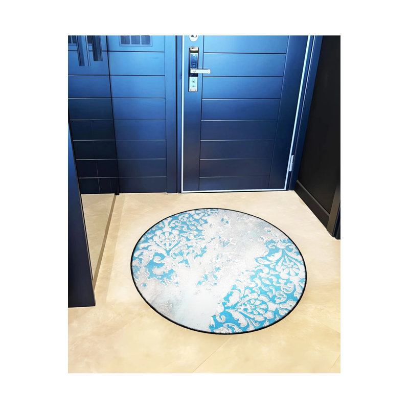 Blue Gray Themed Motif Traditional Patterned Round Woven Base Vintage Decorative Carpet, Round 5'