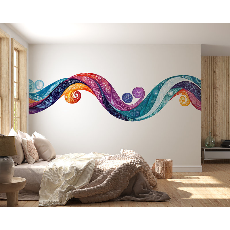 Murale de vagues abstraites colorées, art mural arc-en-ciel moderne, papier peint artistique, murales abstraites à peler et coller 474Mv