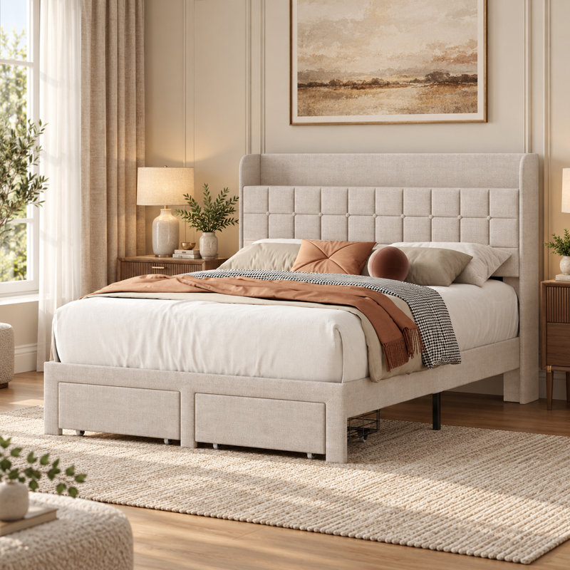 Structure de lit plateforme tapissier avec tiroirs de rangement et tête de lit en tissu, aucun sommier nécessaire, Beige