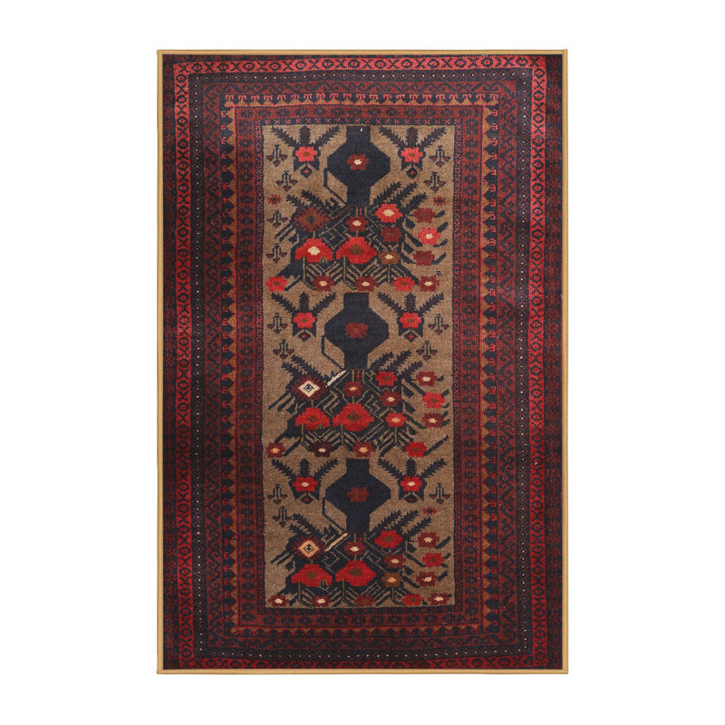 Tapis traditionnel bleu marine / rouge, Rectangle 5 pi x 7 pi