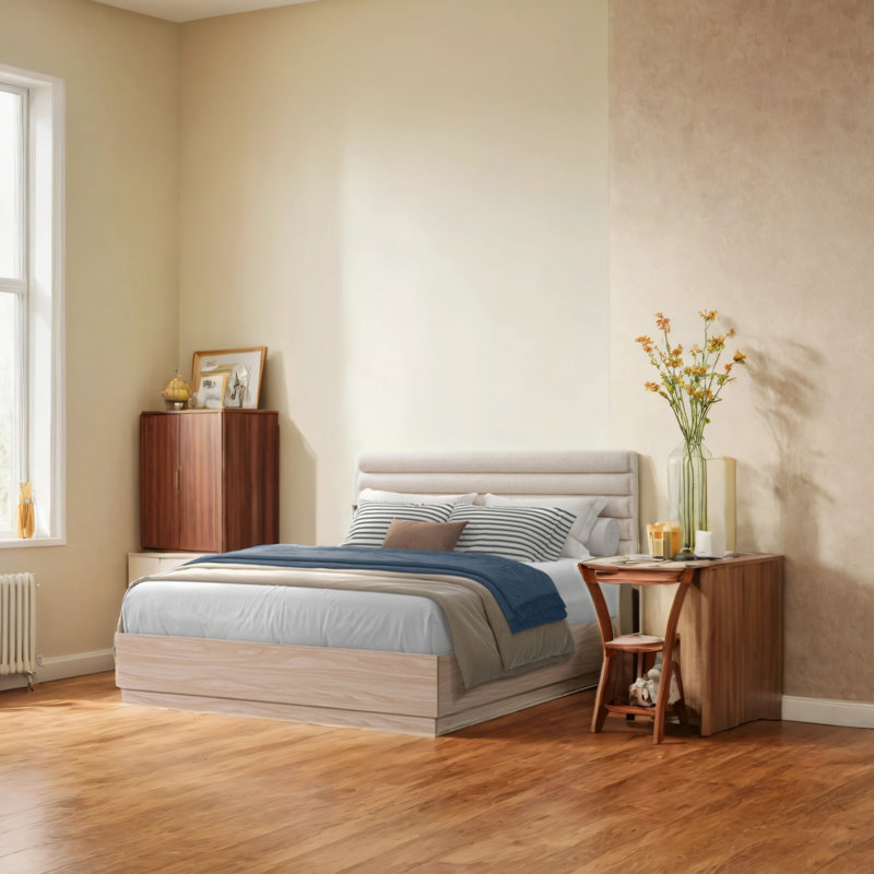 Structure de lit grand lit en bois avec panneau de dossier en tissu matelassé en laine