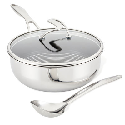 Circulon Steelshield C Series Stainless Steel induction Hybrid Nonstick Dishwasher Safe Chefs Pan with Toughened Glass Lid 24cm/3.3L and Stainless Steel Turner Tool