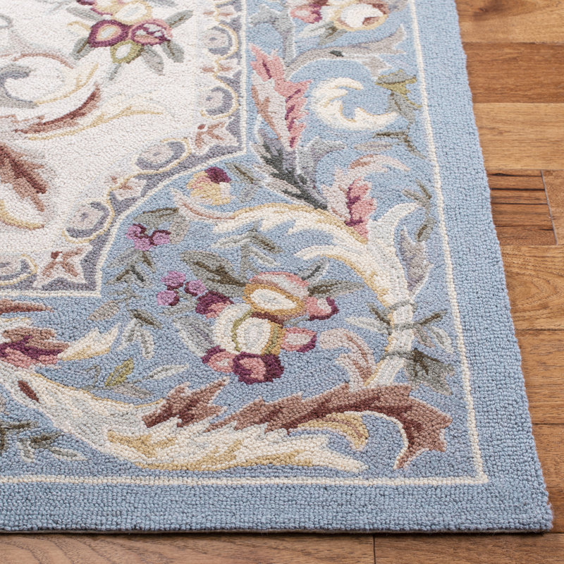 Blue Floral Hand-Hooked Wool Area Rug 5'3" x 8'3"