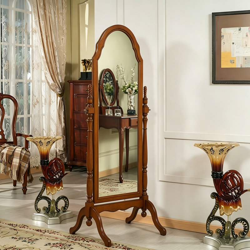 62.99"Special-shaped glass mirror with brown rubberwood frame and hanging mirror for dressing up