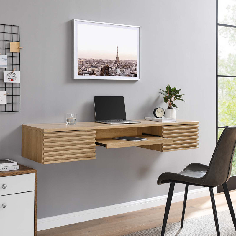 60" Oak Wall-Mounted Desk with Drawer and Keyboard Tray