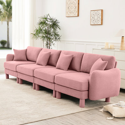 Canapé rose à 4 places en tissu bouclé avec rembourrage en mousse dense et coussins de dossier moelleux pour un espace familial décontracté