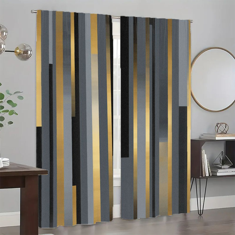 2Pcs Abstract Gold & Gray Striped Curtains, Modern Art Geometric Pattern Room Decor for Living Bedroom Kitchen Rod Pocket Window Drapes, Privacy Protect Treatment, Home Textile, Accessory