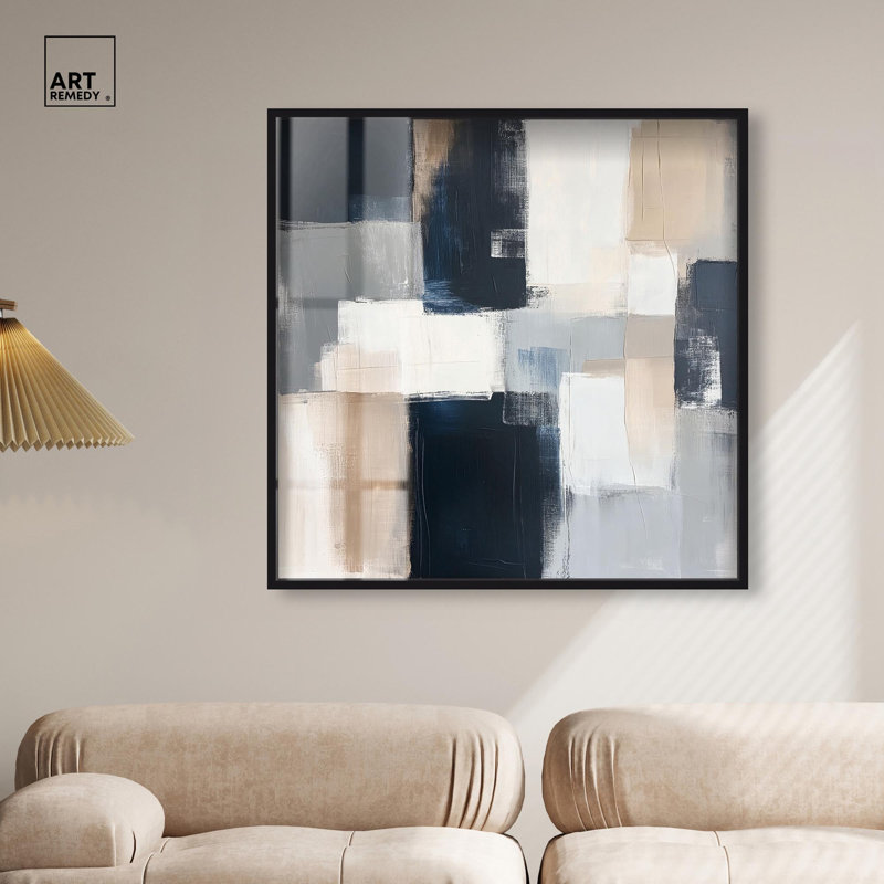 «Blue and Tan Abstraction I Shadowbox Print», art mural bleu par Art Remedy, H 41 po x l 41 po, Noir