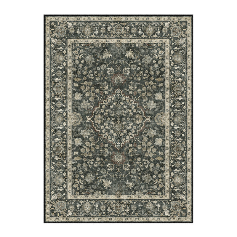 Elora Machine Washable Floral Area Rug With Non-Slip Backing in Black, Rectangle 9' x 12', Black