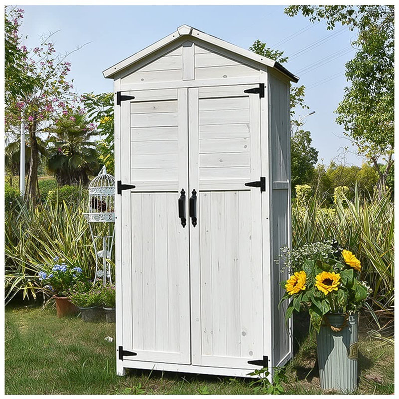 Remise de rangement 67 po en bois de sapin blanc avec portes doubles pour les outils, l'équipement et l'organisation de la cour