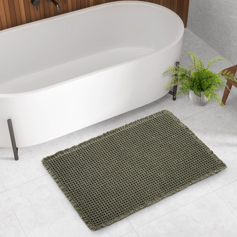 Upgraded Waffle Super Absorbent Non Slip Bath Rugs with Tassels for Bathroom Floor, Khaki, 24"W x 36"L