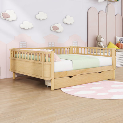 Wood Platform Bed With Safety Rails And 2 Storage Drawers