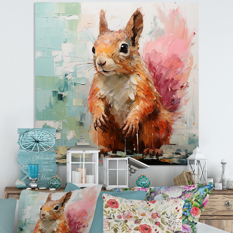 Écureuil rose et vert en fleurs III - Art mural en métal animal écureuil, H 16 po x l 16 po x P 1 po