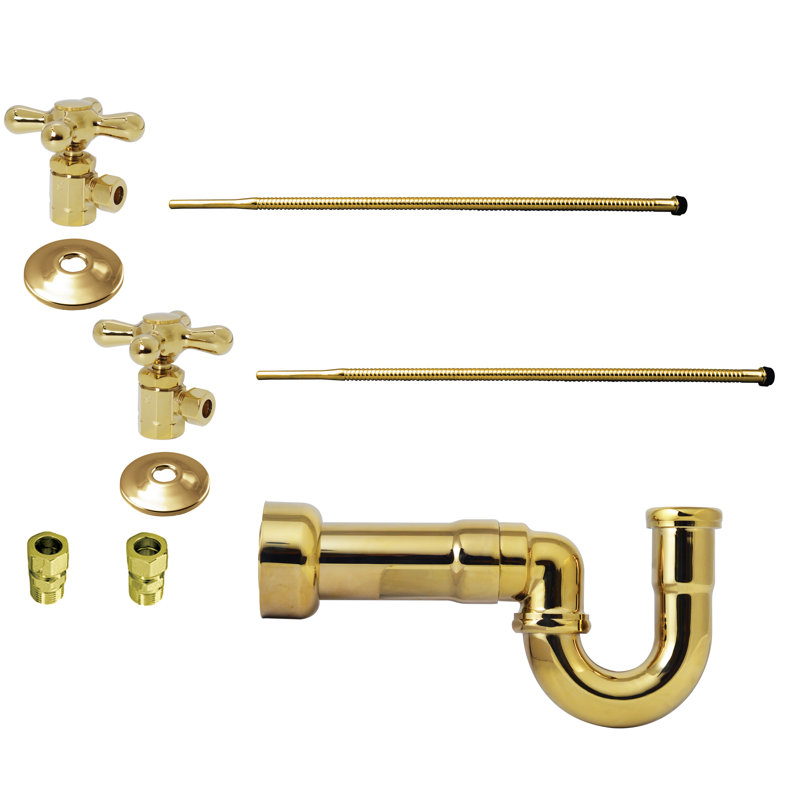 Ensemble de lavabo sur pied LA-Style avec siphon en P, conduites d'alimentation, brides et butées en angle, Laiton poli