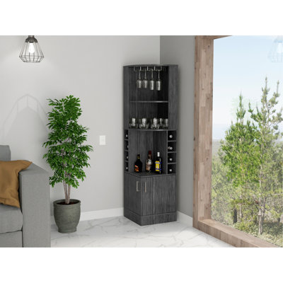Syrah Corner Bar Cabinet, Eight Bottle Cubbies, Double Door, Two Open Shelves -Smokey Oak