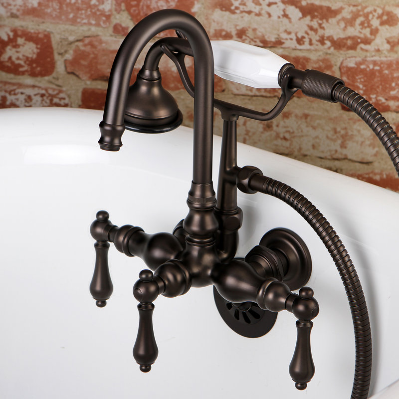 Kingston Brass Aqua Vintage Three-Handle 2-Hole Tub Wall Mount Clawfoot Tub Faucet with Hand Shower, Oil Rubbed Bronze