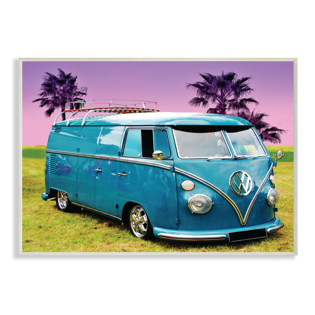 'Vintage 70s Blue VW Bus with Purple Palm Trees' Graphic Art Print Wrought Studio™